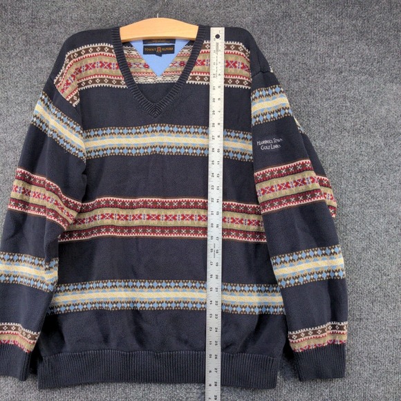 Tommy Hilfiger Golf Men's Pullover Sweater Blue Large Fair Isle Striped V-Neck - Picture 10 of 12